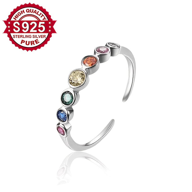 Women's S925 Silver Rainbow Synthetic Zirconia Open Ring, Elegant